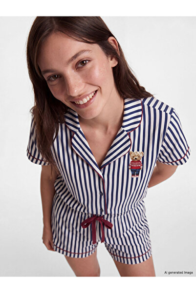 LC Waikiki I Shirt Roba Yaka Striped Women's Shorts Pajama Set from Freezen S...