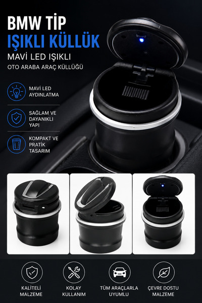 Black Gold BMW Tip Işıklı Küllük Oto Araç İçi Küllük Mavi Led Işıklı Universa...