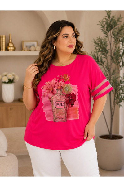 lavelina Plus Size Floral Patterned Stone Bead Printed Crew Neck Sleeves Tull...