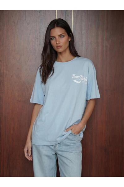 WeShaya Blue Cotton Basic Short Sleeve Crew Neck Straight Cut Printed T-Shirt