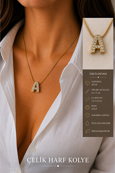 Jack Ferrero Steel Zircon Stone Gold Balloon Letter Necklace