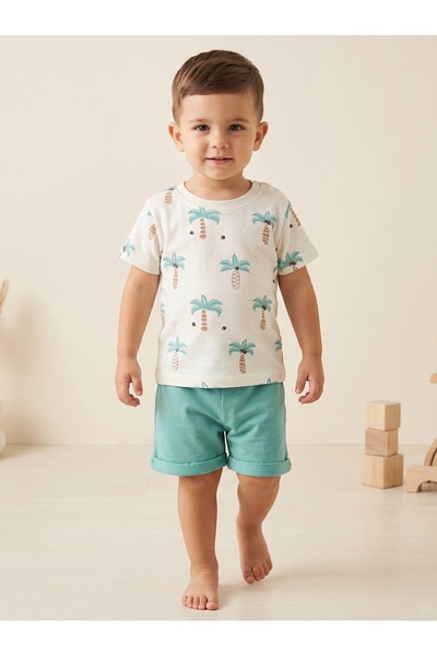 DaphKids Erkek Bebek Yazlık Takım Palmiye Desenli Şortlu Yazlık 2'li Takım - Su Yeşili - 12-18 Ay