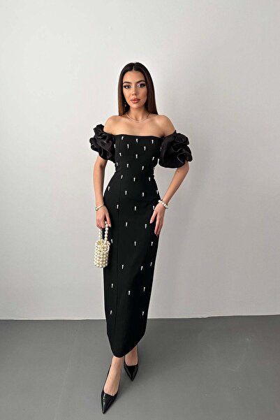 Caddebostan Moda Pearl Embellished Balloon Sleeve Square Neck Midi Length Eve...