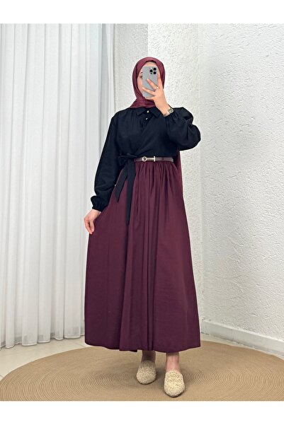 MİHRA STORE Seniha Gathered Double Pocket Belted Skirt-Pa203 Burgundy