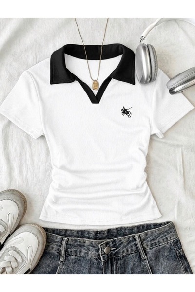 Bravebell Women's Polo Collar Embroidery Detailed Camisole Slim Fit T-Shirt