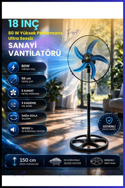 Fırsat7 18 İnç Ayaklı Vantilatör 80W 3 Kademe Hız Ayarlı Sessiz ve Etkili Ser...