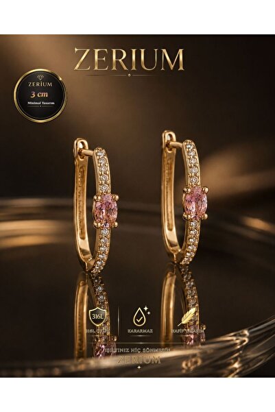 ZERİUM New Season Minimalist Steel Women's Hoop Earrings with Pink Quartz Sto...