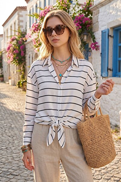 bacc White Cotton Viscose Voile Striped Oversize Shirt