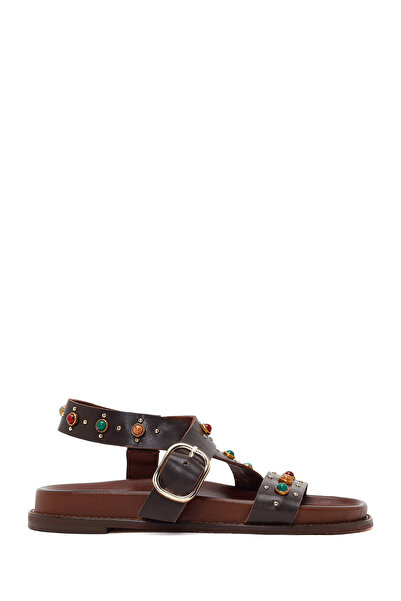 Derimod Women's Brown Stone Leather Sandals 26Sfd551018