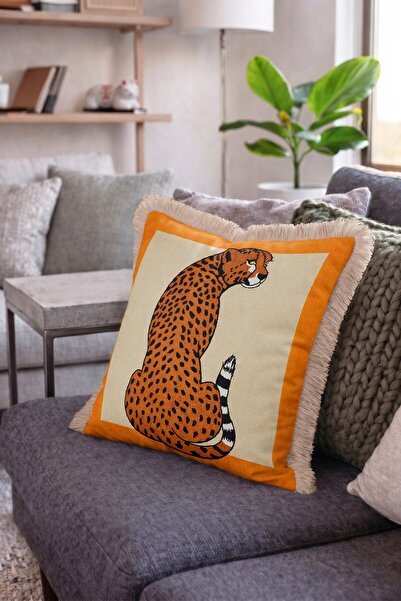 IdeCraft Cheetah Figured Orange Border Safari Fringed Throw Pillow Cover - Cr...