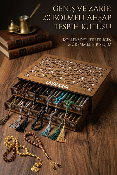 kutuTR 20 Bölmeli Ahşap Geniş Tesbih Kutusu Kişiye Özel İsim Yazılı Çekmeceli...
