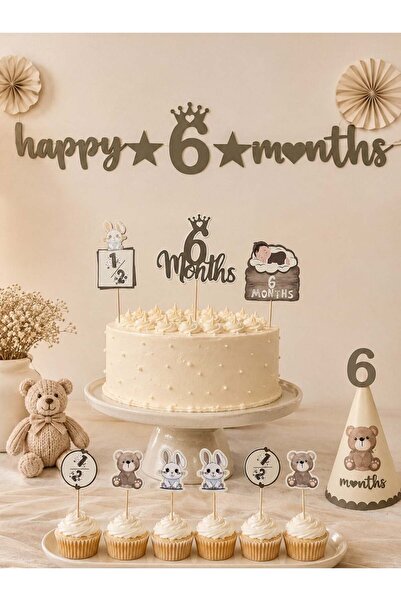 Parti Adresi Happy 6 Months Banner 6 Ay Bebek Doğum Günü Parti Seti Haki
