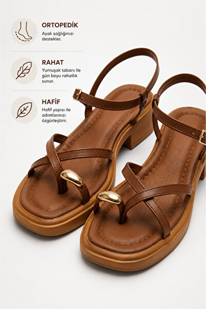 KAYGISIZ AYAKKABI Women's Tan Ring Detailed Cross-Strap Sandals