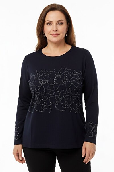 hadiora Women's Navy Blue Stone Detailed Combed Cotton Blouse