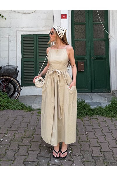 Laluvia Beige Thin Straps Double Tie Waist Long Dress - 2011