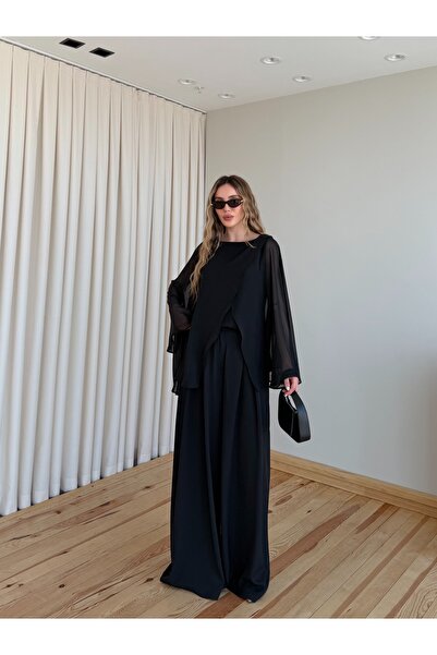 Laluvia Black Chiffon Cape Blouse Pants Set - 903336