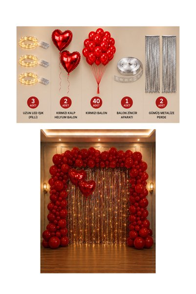 HAPPYLOOPPARTY Kırmızı Kına Gecesi Helyum Balon Seti Led Işıklı Gümüş Metalize Perde Fon Dekor Seti