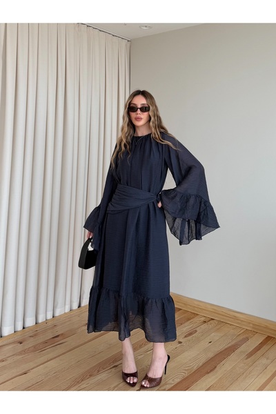 Laluvia Navy Blue Shawl Drawstring Dress - 3404