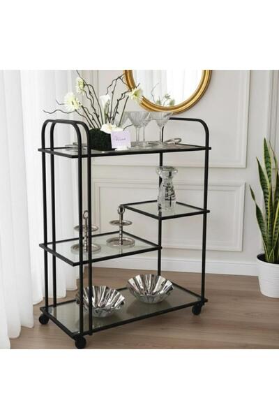 Tables Modern Serving Cart with 3 Shelves, Glass, Black