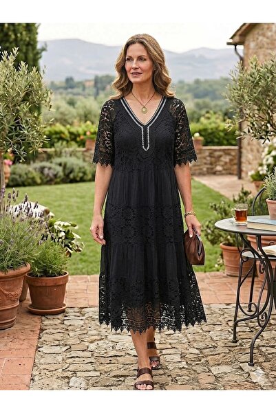 AYASOFYA OTANTIK Women's Italian Black Sequined V-Neck Lace Midi Silk Dress