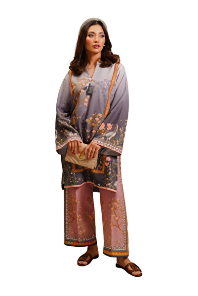 MYSMAR Gray & Pink Gradient Printed Poly Raw Silk Top - AFK2001 | Gray