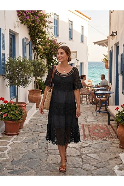 AYASOFYA OTANTIK Women's Italian Black Sequin Detailed Round Neck Ruched Silk...