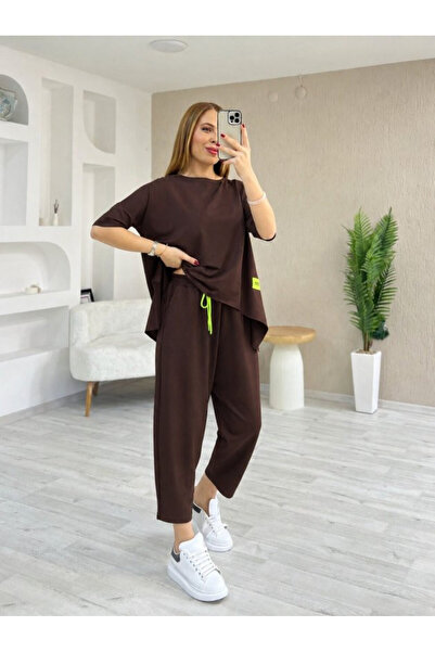 Efnaz style طقم بلوزة وبنطلون نسائي بأكمام قصيرة وياقة دائرية من الفسكوز مكون...