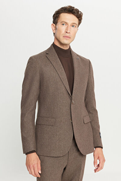 ALTINYILDIZ CLASSICS Men's Brown Wool Slim Fit Mono Collar Flexible Suit with...