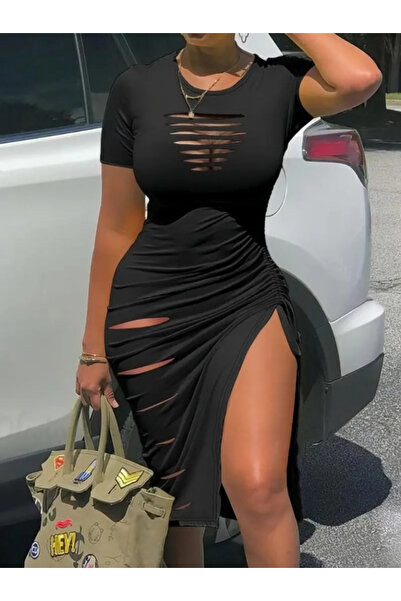 Wear Up فستان نسائي قصير الأكمام بفتحة عند الصدر والساق، مزين بتفاصيل قصّة عم...