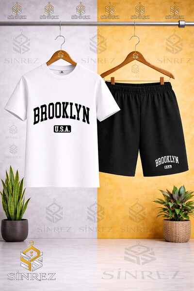 SİNREZ Crew Neck Kids Brooklyn Alt Usa Black Printed T-Shirt - Shorts Set