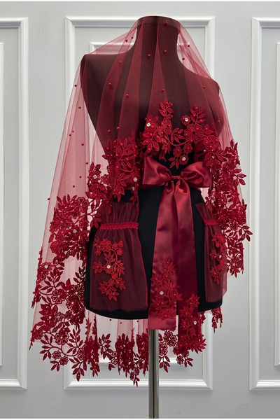 ZEYMERADE Burgundy Bridal Veil Set, Laced, Shiny Stone and Pearl Decorated He...