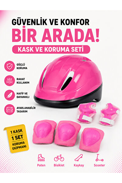 Janissary Çocuk Koruyucu Kask ve Dizlik Dirseklik Seti Pembe | Bisiklet Paten...