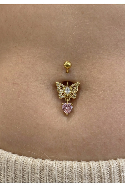 kurukafagift Kelebek Göbek Piercing Çelik Pembe Kalp Taşlı Sallantılı