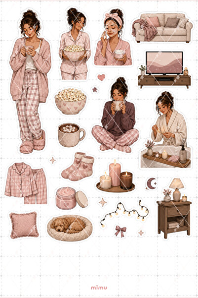 Mimu Art Studio Ev Konforu Kız Sticker Seti Cozy Home Temalı Dekoratif 2'li E...