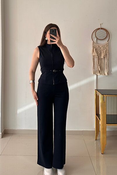 Sorridi Navy Blue Zippered Belted Steel Knitted 2-Piece Set
