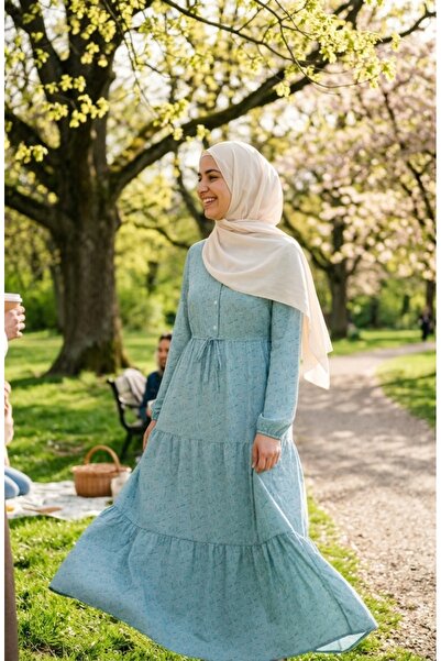 sefamerve Rochie Hijab cu modele florale în straturi 0291-03 Verde Cagla