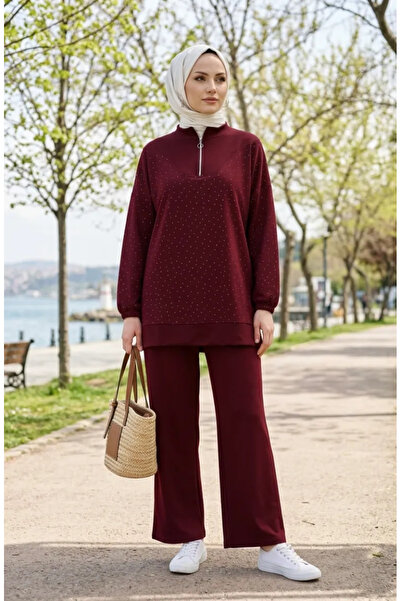 sefamerve Oysho Fabric Stone Zippered Tunic Pants Double Set 0282-02 Claret Red