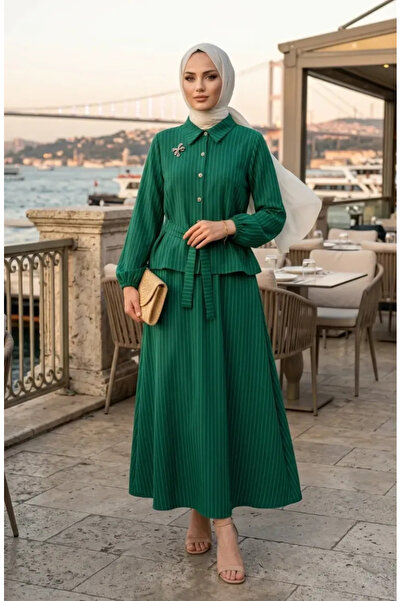 sefamerve Striped Brooch Belted Double Suit 0280-03 Emerald Green