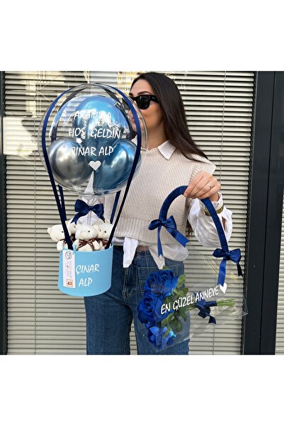 u&b teddy bear flowers Lacivert Yenidoğan Bebek Hediyesi Balon Kutusu & Çanta...