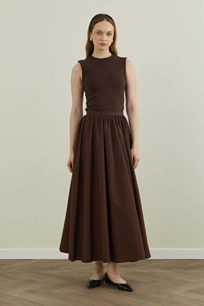 Merve Gültekin Gathered Poplin Skirt Brown