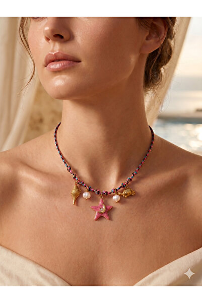 PABALAS Pink Star Sea Themed Bijouterie Charm Necklace with Pearl Shell Detai...