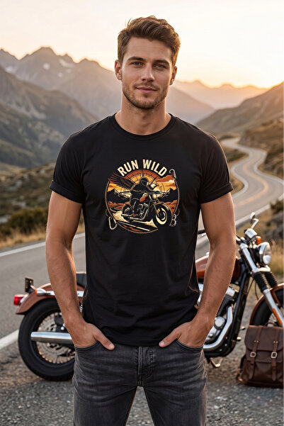 remonz Ανδρικό μπλουζάκι με στάμπα Run Wild Motorsiklet, Vintage Retro Design...
