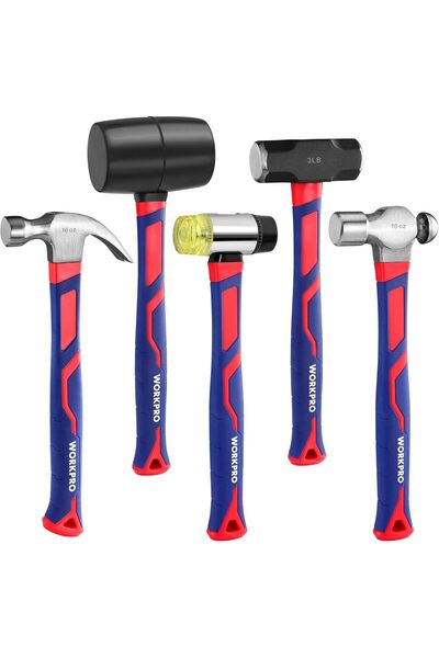 Workpro 5-Piece Hammer Set, Forged & Polished Steel Head, Fiberglass Handle