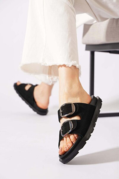 Moda Pie Renam double buckle genuine leather women's slippers - black suede