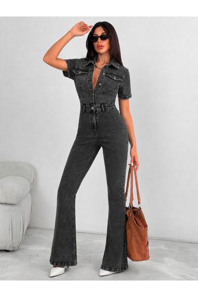 KENE JEANS KISA KOL KAR SİYAH LİKRALI DENİM İSPANYOL PAÇA TULUM