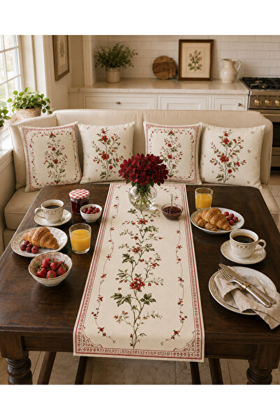 HOMESSA Cream Background Red Floral Runner and Set of 4 Throw Pillow Covers