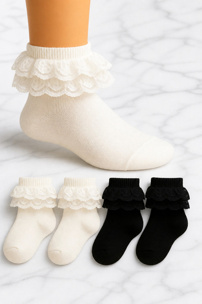 ZENGİN 4 Pack Girls' Lace Seamless Socks Set Soft Cotton