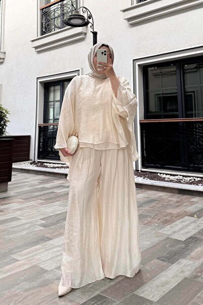 MERVE KAYKISIZ Tül Modal Pantolonlu Takım Ekru
