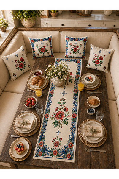 HOMESSA Red Floral Blue Border Runner and Set of 4 Throw Pillows