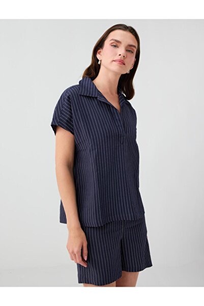 Jimmy Key Navy Blue Straight Cut Shirt Collar Stripe Patterned Blouse